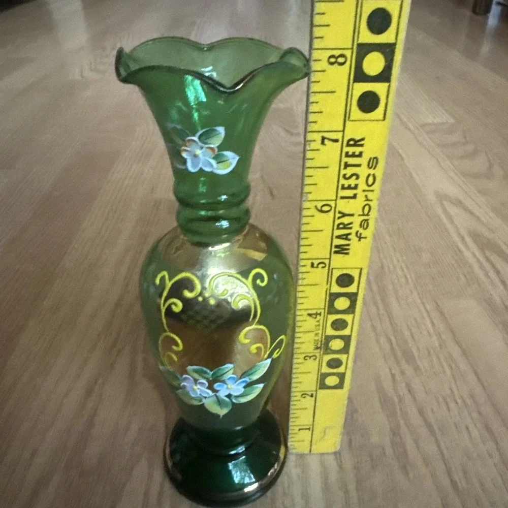 Enesco Bohemian Glass Vase Hand Painted Enamel Flowers Gilded 8 Inches VTG 1960s
